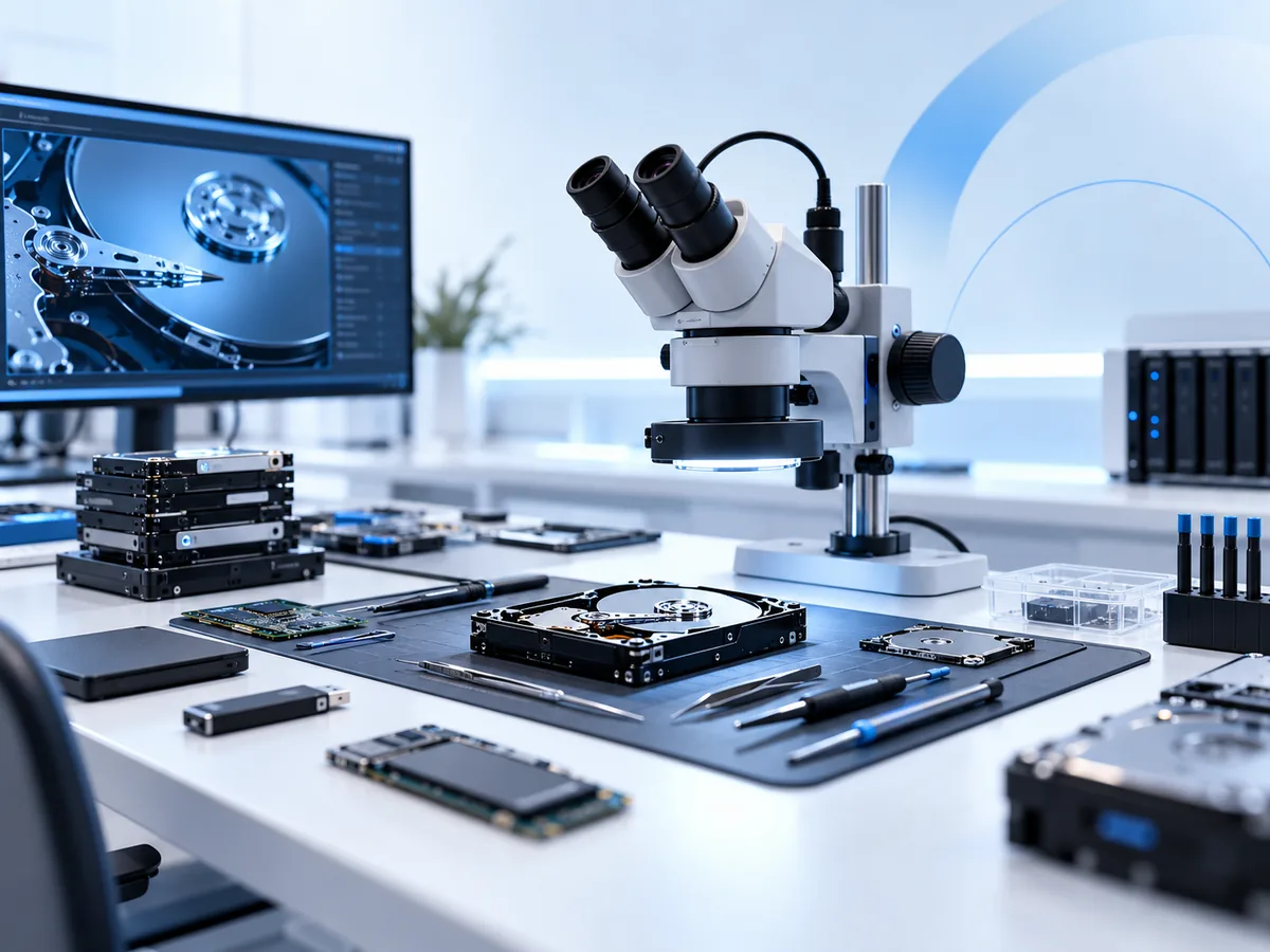 Specialist data recovery workbench with microscope and storage devices