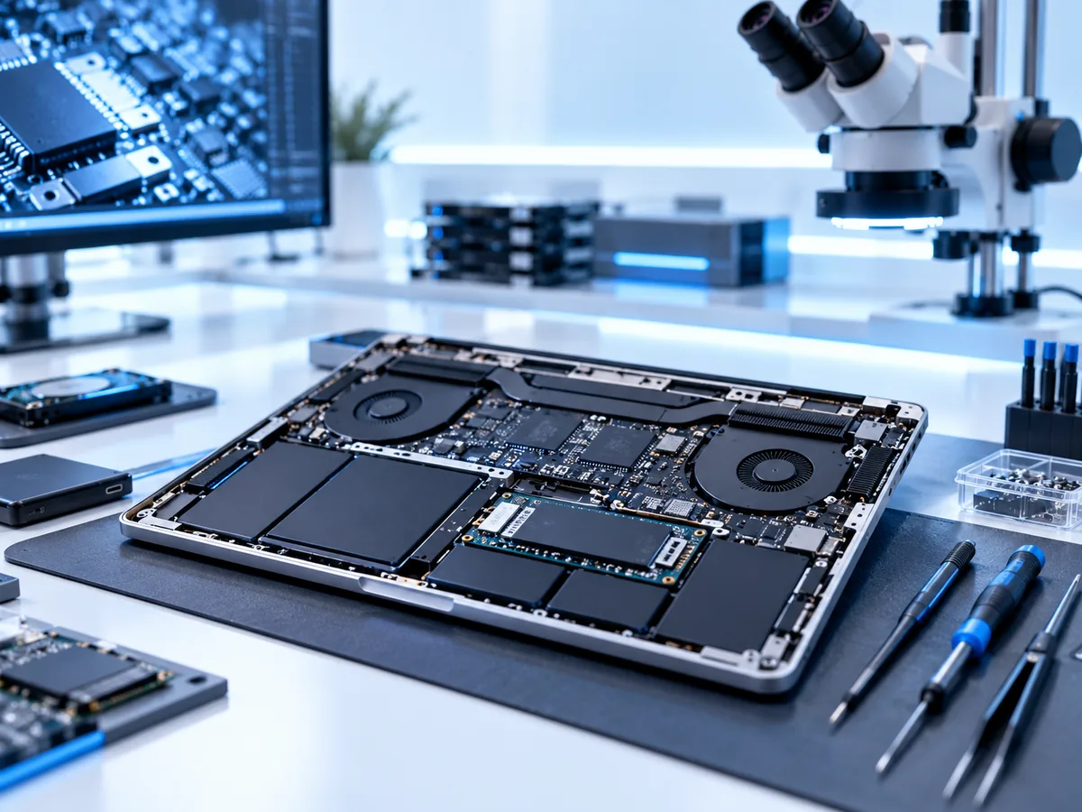 Opened computer logic board and solid-state storage under specialist assessment