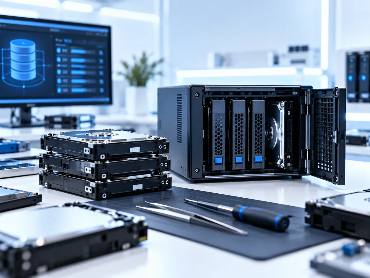 NAS and RAID drives on a specialist data recovery workbench