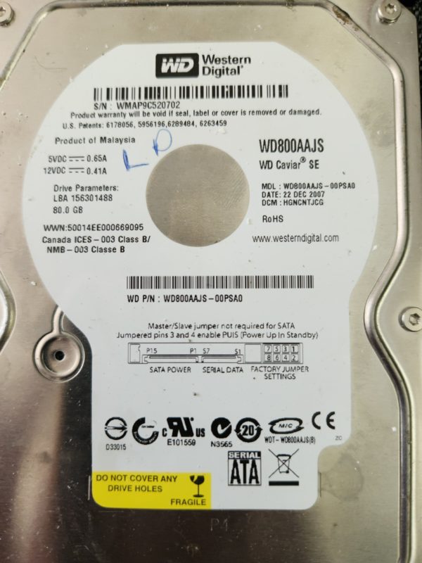 WD800AAJS-00PSA0, DCM HGNCNTJCG, Western Digital 80GB SATA 3.5 Hard Drive