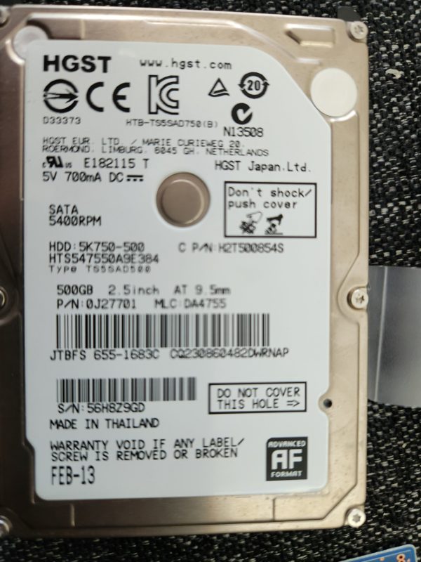 HTS547550A9E384, PN 0J27701, MLC DA4755, Hitachi 500GB SATA 2.5 Hard Drive