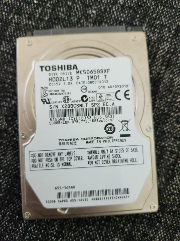 MK5065GSXF, A0/GV201B, HDD2L13 P TN01 T, Toshiba 500GB SATA 2.5 Hard Drive