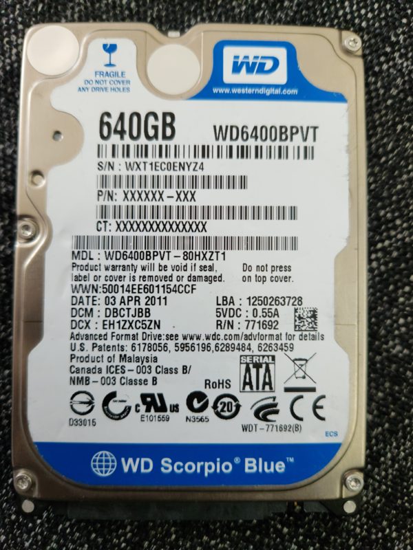 WD6400BPVT-80HXZT1, DCM DBCTJBB, Western Digital 640GB SATA 2.5 Hard Drive