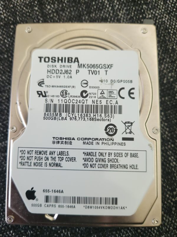 MK5065GSXF, D0/GP005B, HDD2J62 P TV01 T, Toshiba 500GB SATA 2.5 Hard Drive